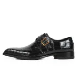 Single Buckle Genuine Crocodile Leather Monk Strap Shoes Black