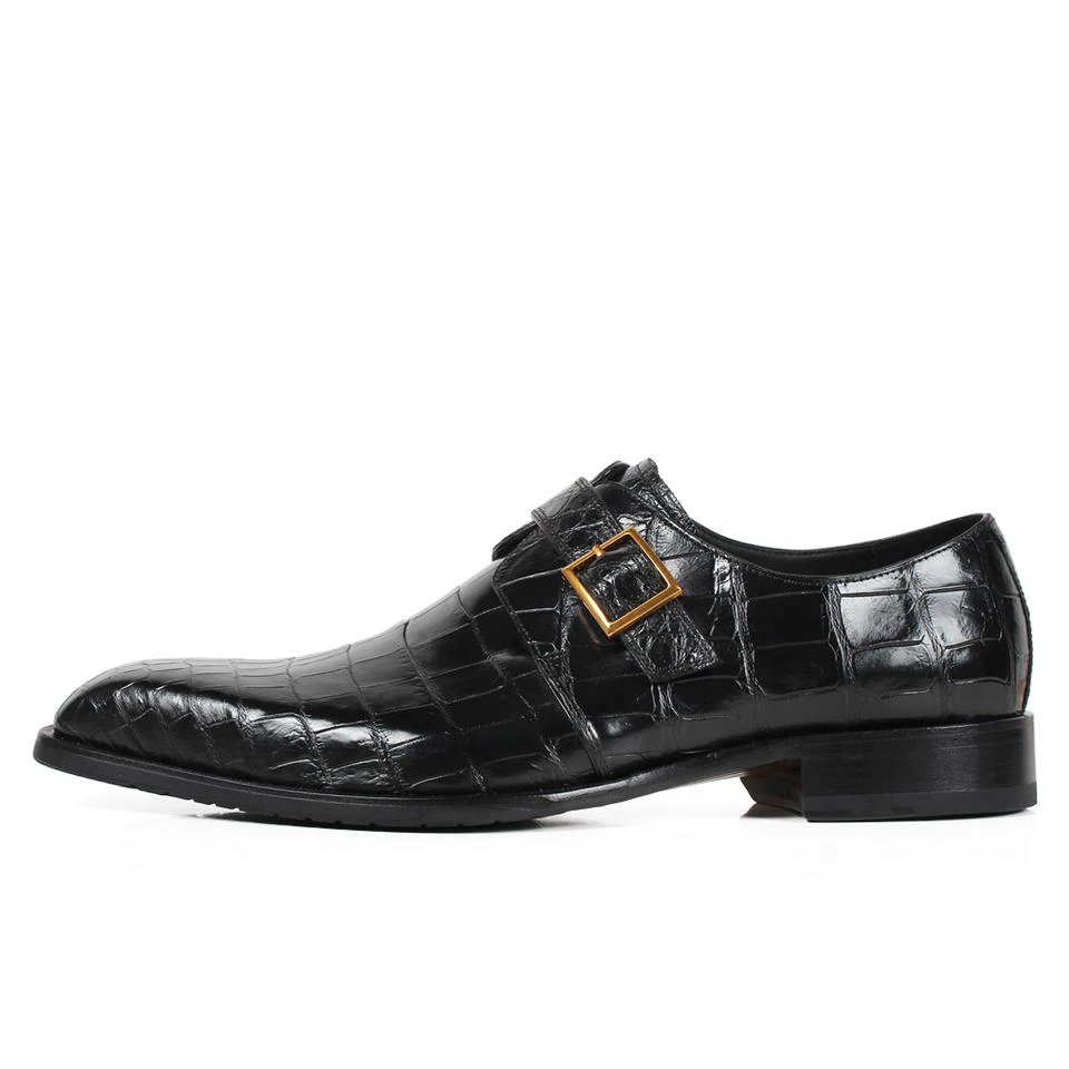 Single Buckle Genuine Crocodile Leather Monk Strap Shoes Black Italian Custom Men s Dress Shoes1