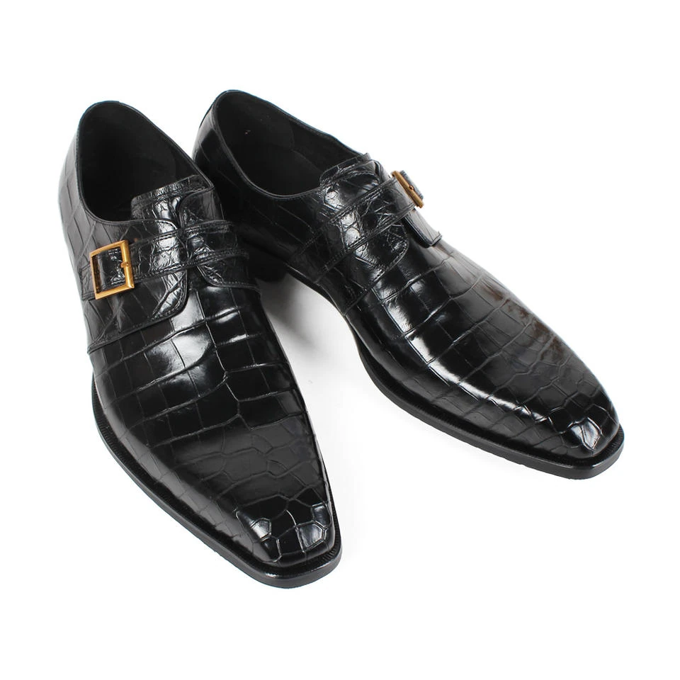 Single Buckle Genuine Crocodile Leather Monk Strap Shoes Black Italian Custom Men s Dress Shoes2