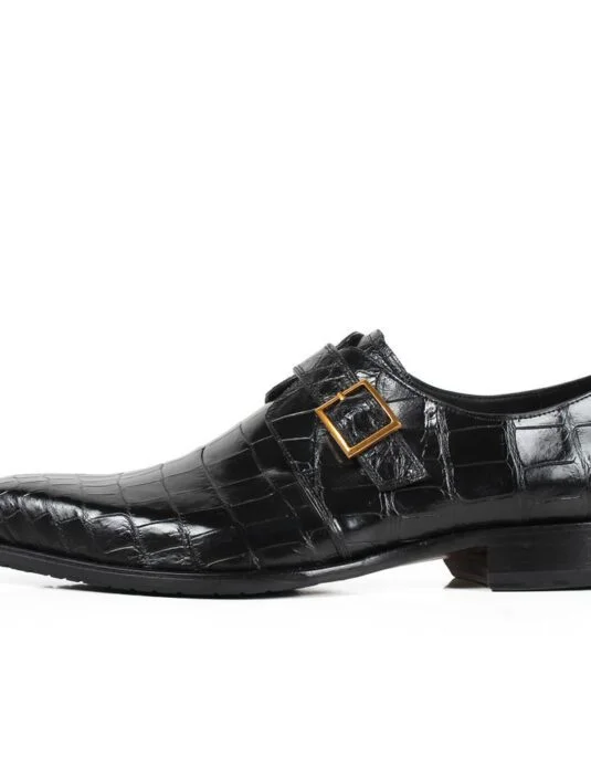 Black Crocodile Leather Monk Strap Shoes