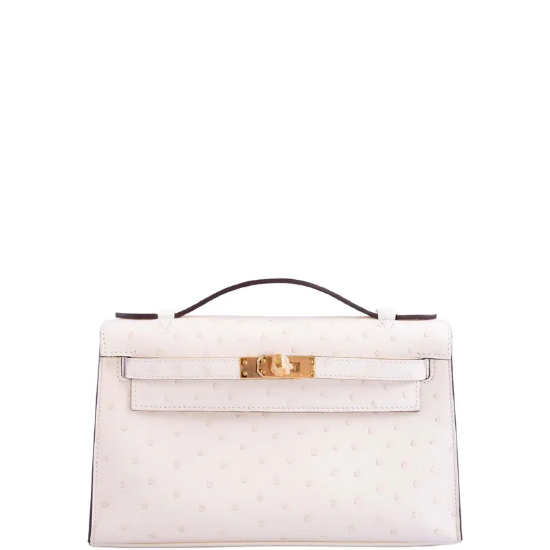 白色鸵鸟皮手拿包 Kelly Pochetta