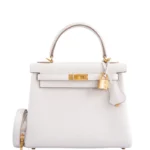 White togo leather handbag Kelly 25cm with gold hardware and padlock charm