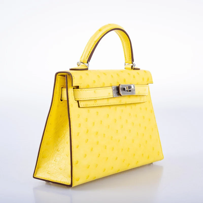 Yellow ostrich handbag kelly 20cm side