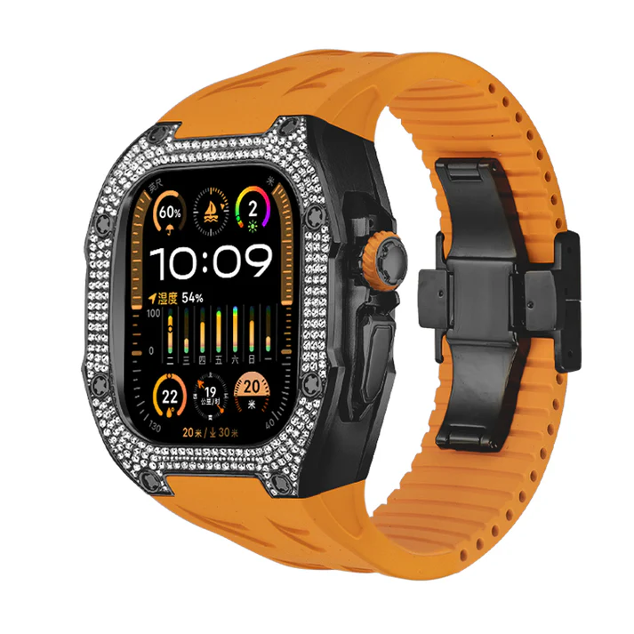 estuche ultra para apple watch con correa naranja y piedras