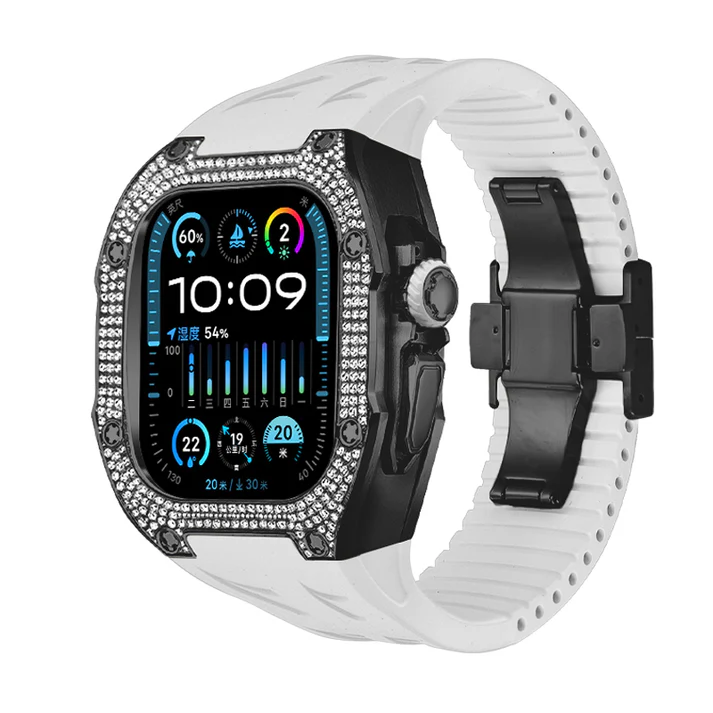 funda para apple watch ultra con piedras correa blanca