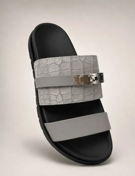 Sandalias planas de piel de cocodrilo color burdeos con cierre giratorio de metal plateado y suela negra