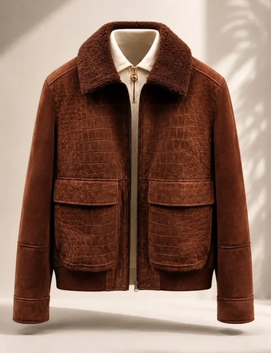 Cognac brown crocodile shearling jacket with textured leather front panels and shearling collar displayed on neutral background