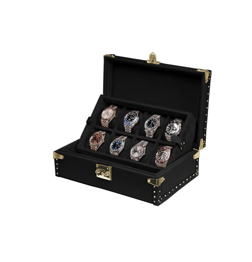 black leather watch box gold
