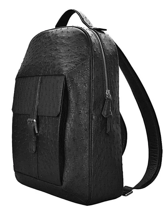 Black ostrich leather backpack with distinctive dotted texture and dual front pockets