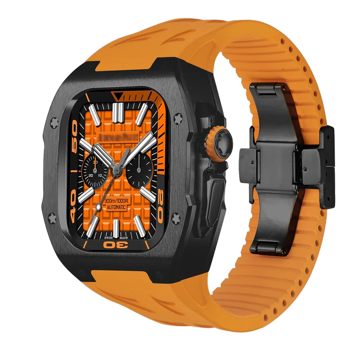 funda de titanio negro para apple watch ultra con correa naranja