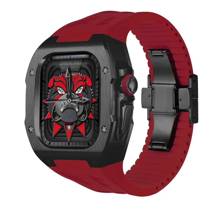 funda de titanio negro para apple watch ultra con correa roja