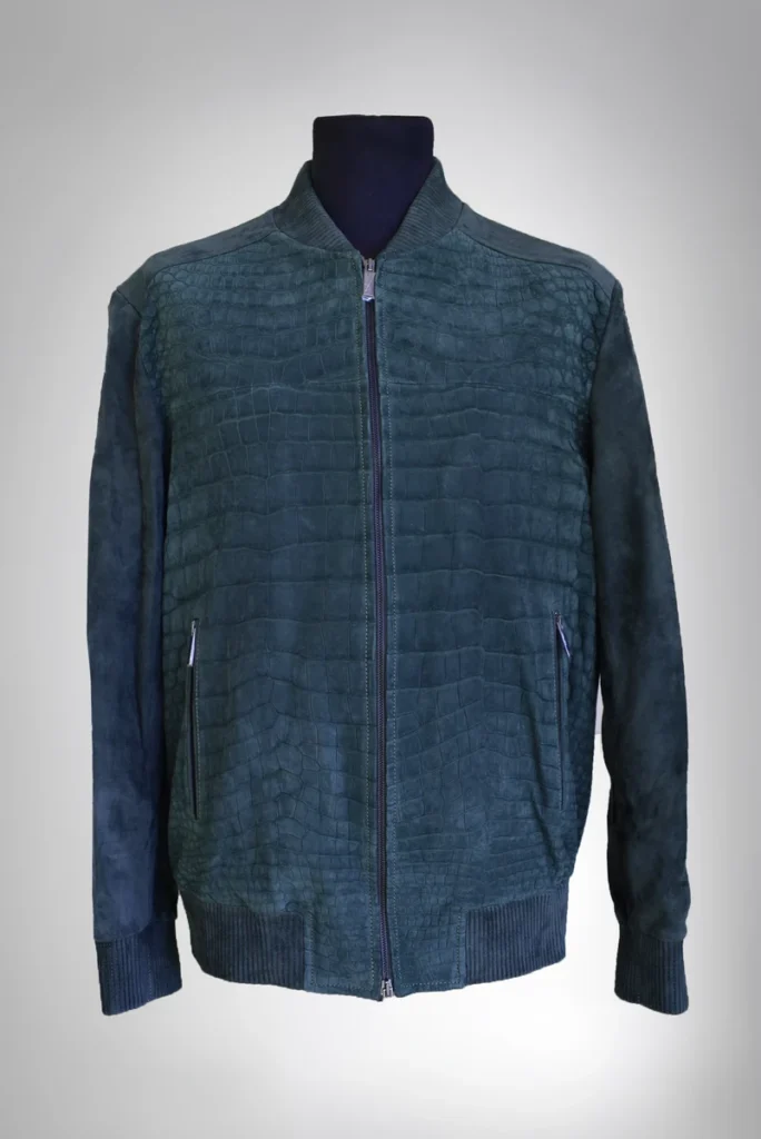 蓝色磨砂鳄鱼皮绒面革皮夹克正面