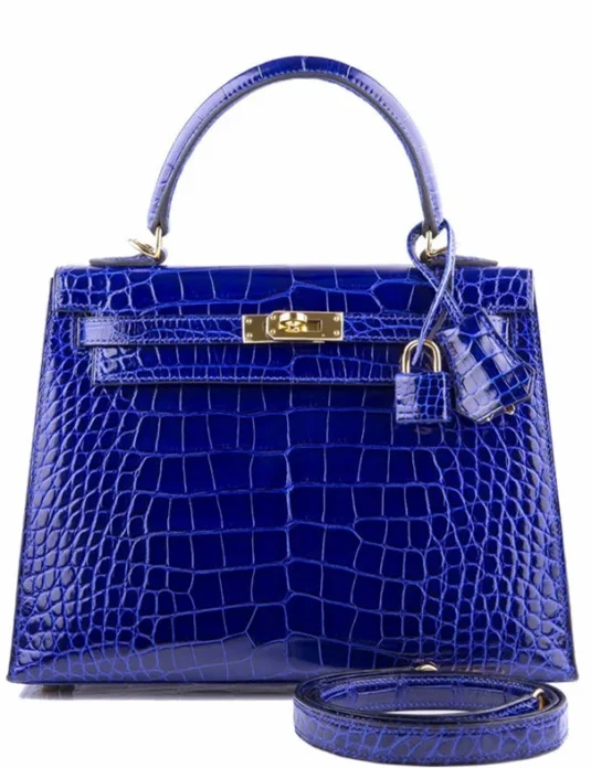 Blue crocodile handbag with Kelly design featuring glossy finish and gold hardware