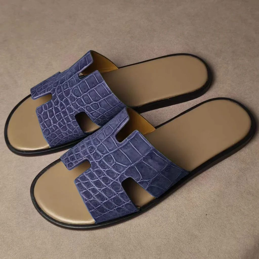 blue nubuck crocodile sandals