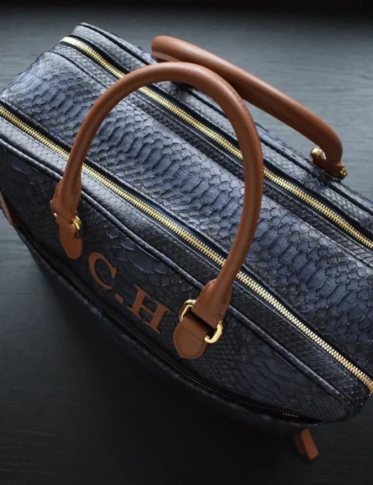 Blue python briefcase with cognac leather handles and gold hardware on dark surface