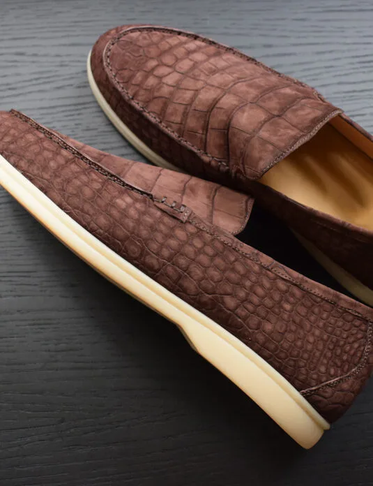 Brown Nubuck Crocodile Loafers