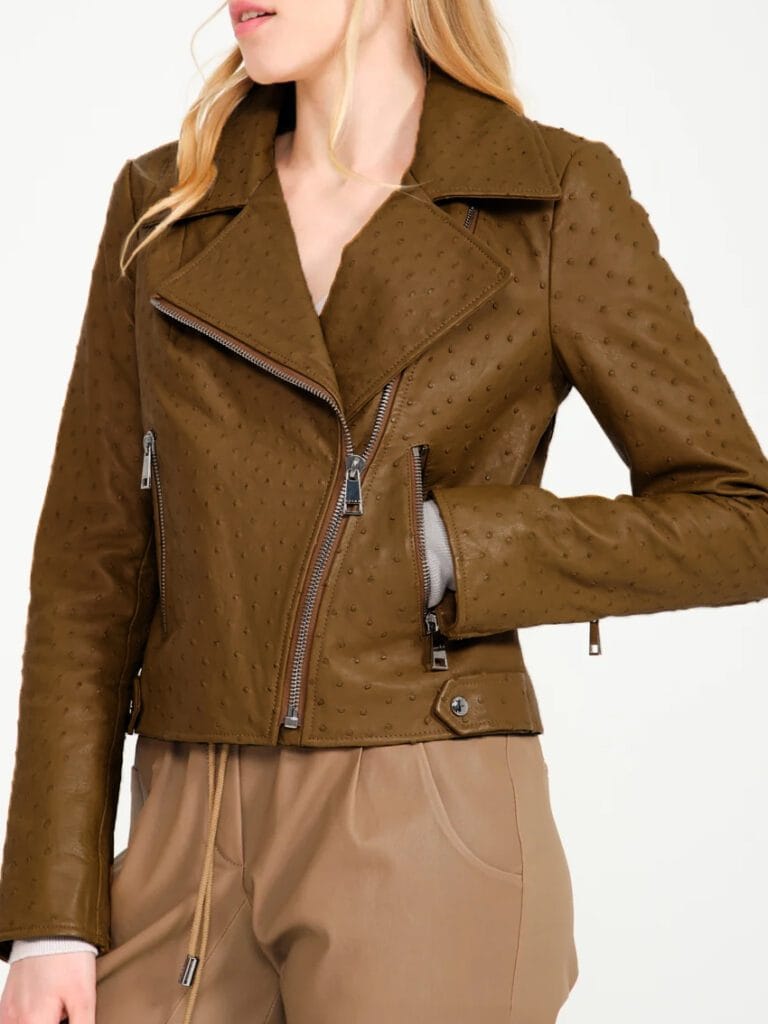 brown ostrich leather ladies jacket front jpg