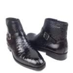Black crocodile leather ankle boots with round toe and buckle straps handcrafted luxury footwear