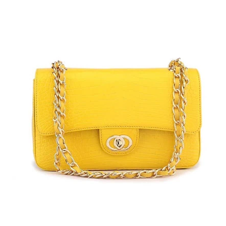 Yellow crocodile leather shoulder bag with gold chain strap and quilted flap design