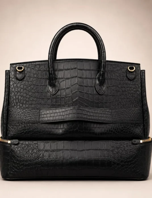Black crocodile leather tote bag with structured design and gold hardware details