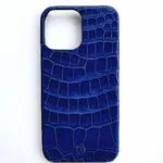 Custodia iPhone in pelle di coccodrillo blu scuro 14 Pro Max lucida