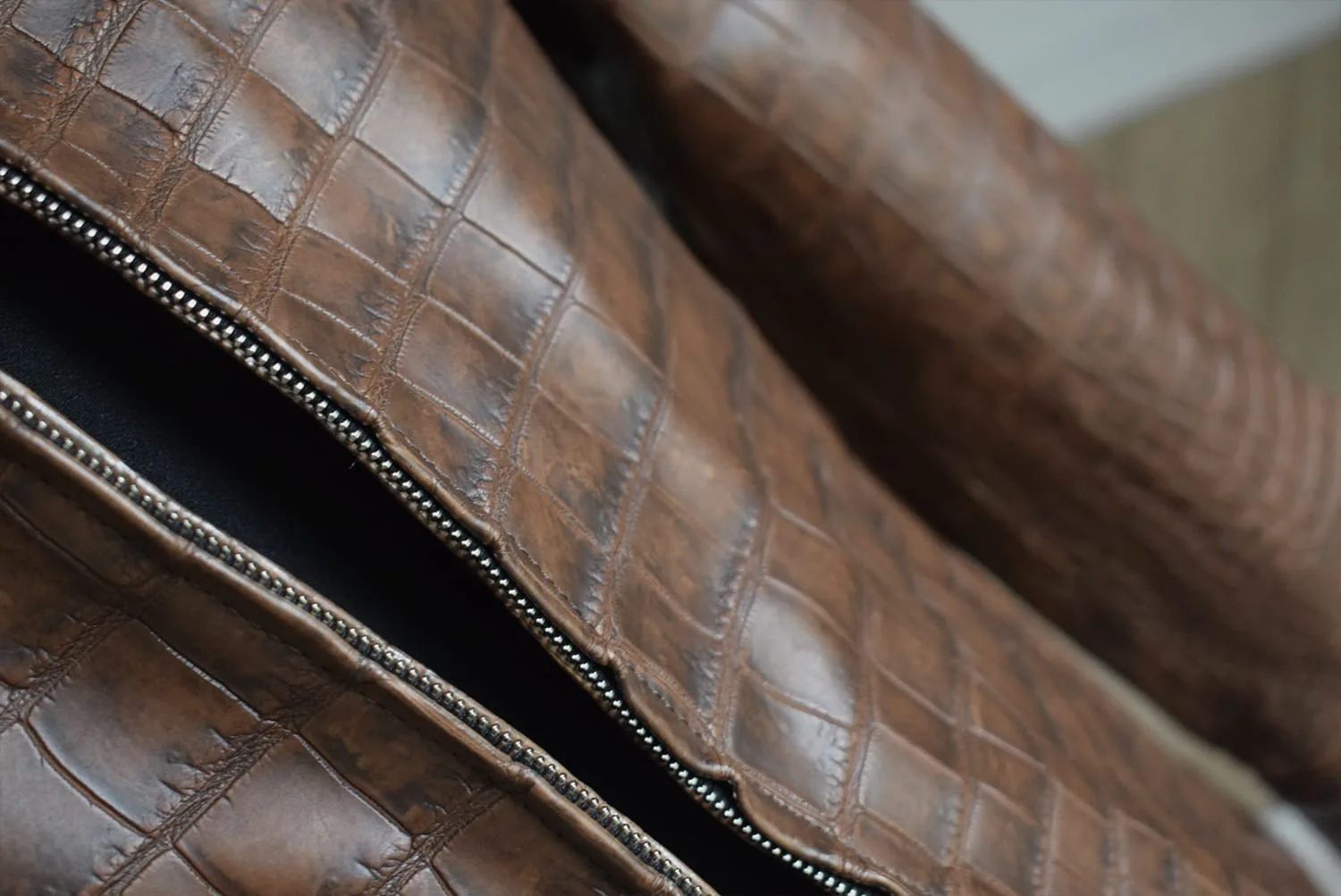 dark brown patina crocodile jacket front