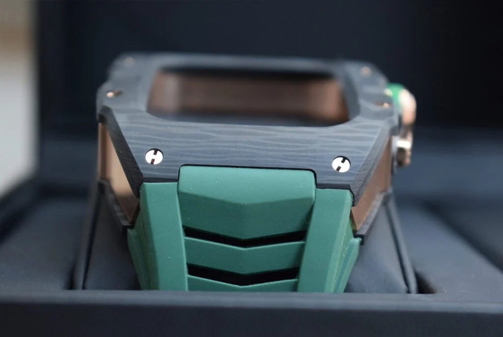 forged carbon apple watch case green strap