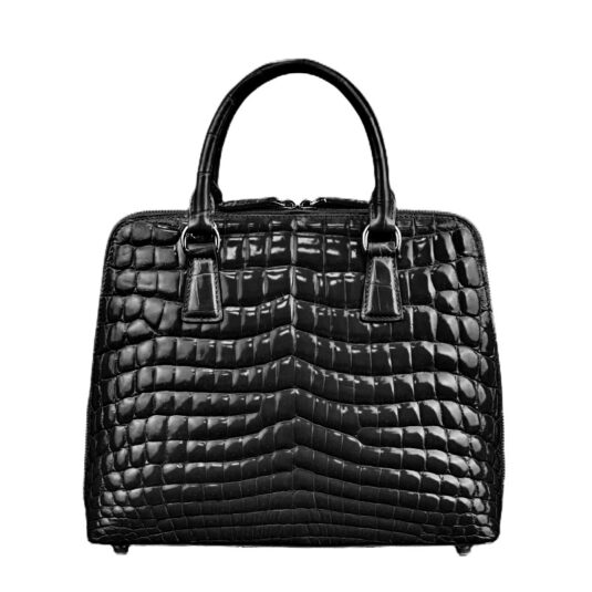 glossy black crocodile handbag