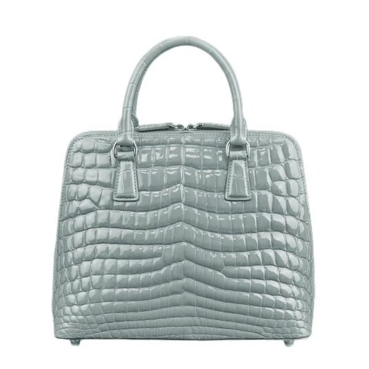 glossy grey crocodile handbag