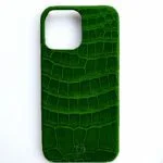 custodia iPhone 14 Pro Max in pelle di coccodrillo verde lucida