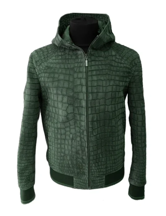 Chaqueta de piel de cocodrilo verde con capucha, acabado en nobuk y cierre de cremallera completa