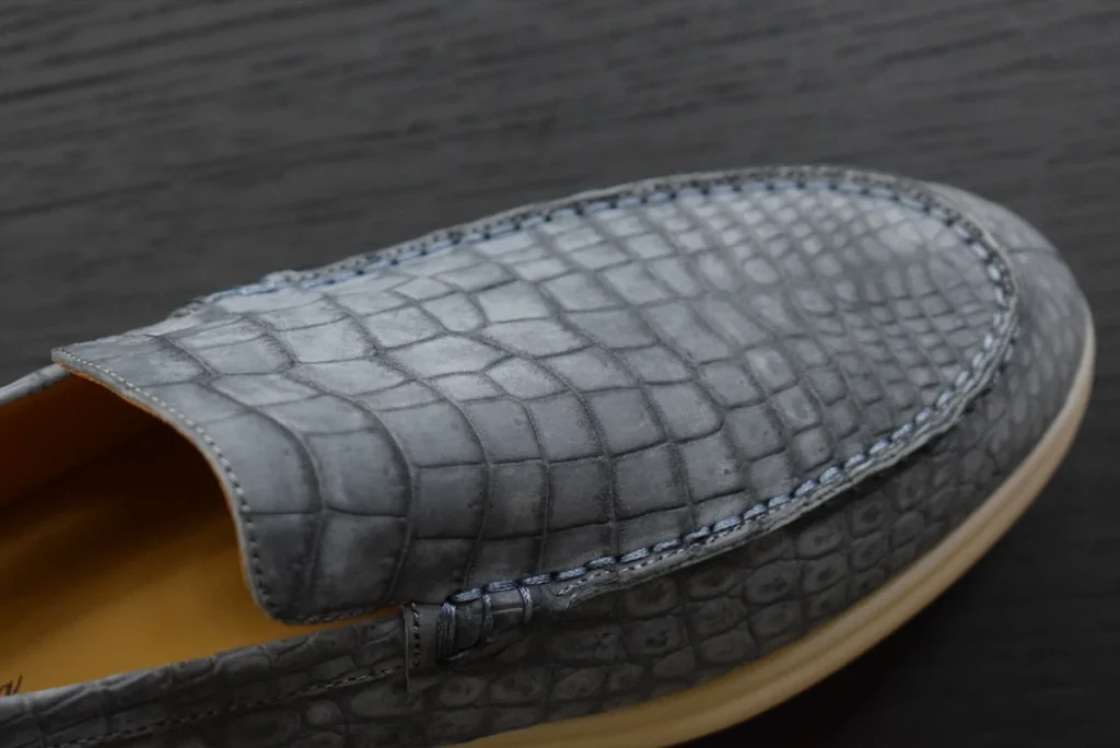 grey blue nubuck crocodile loafer shoes close
