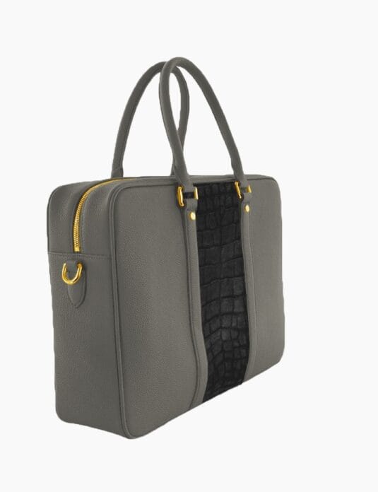 grey leather briefcase with crocodile black1