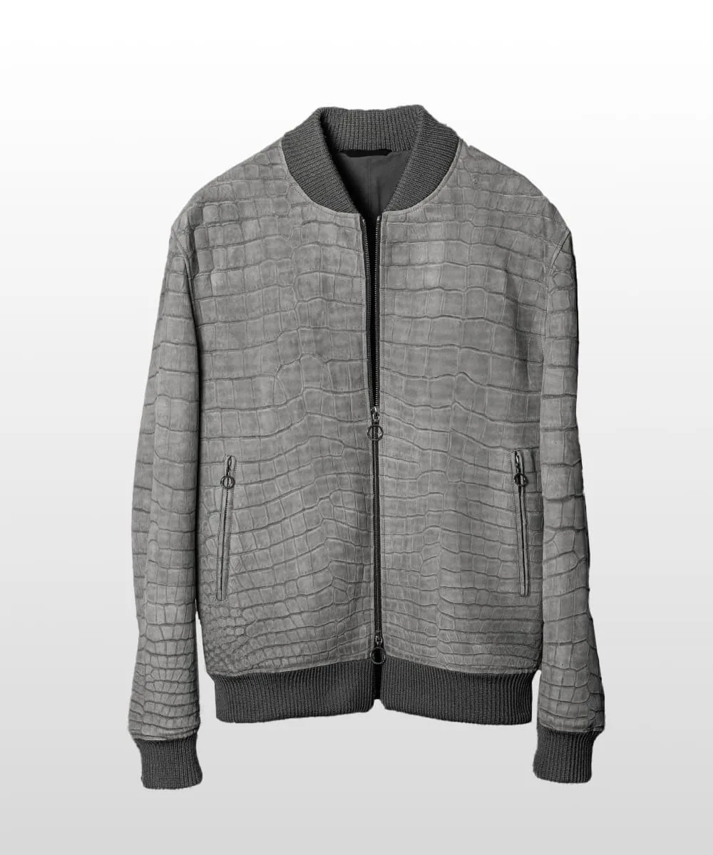 grey nubuck crocodile bomber jacket