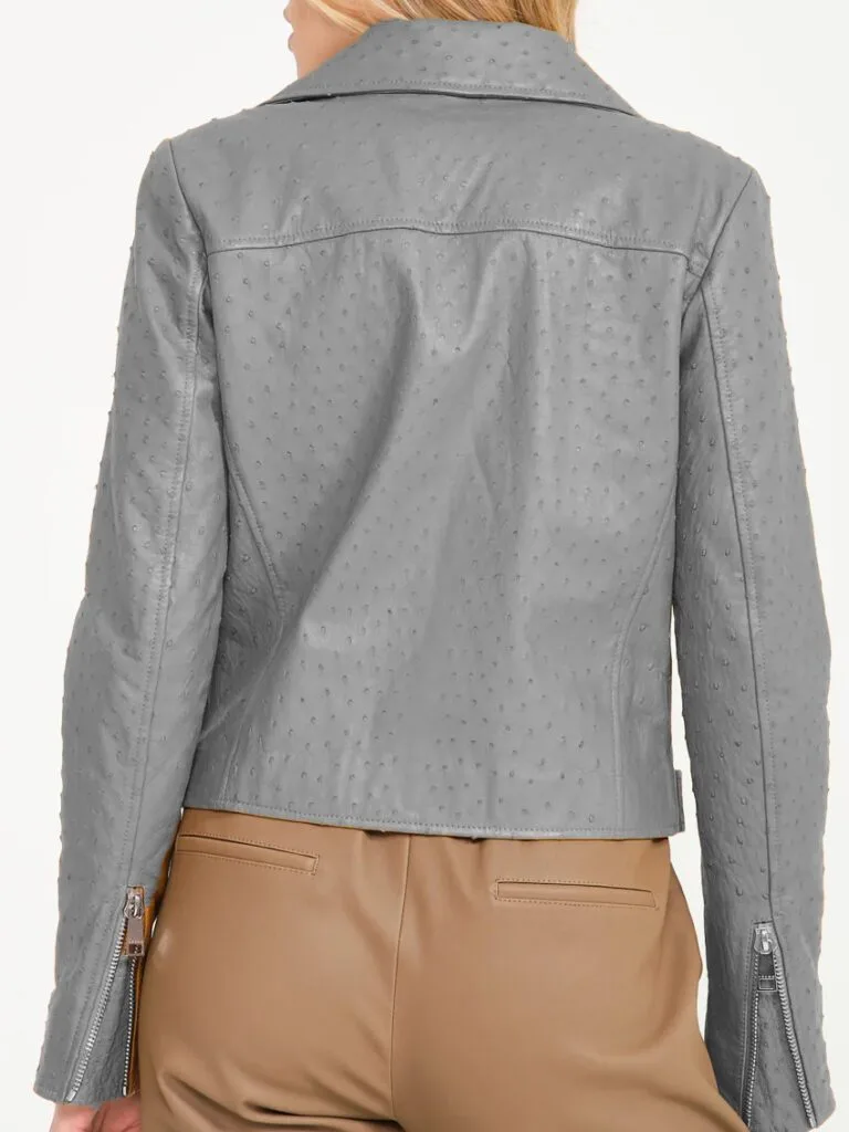 grey ostrich leather ladies jacket back grey ostrich leather ladies jacket back