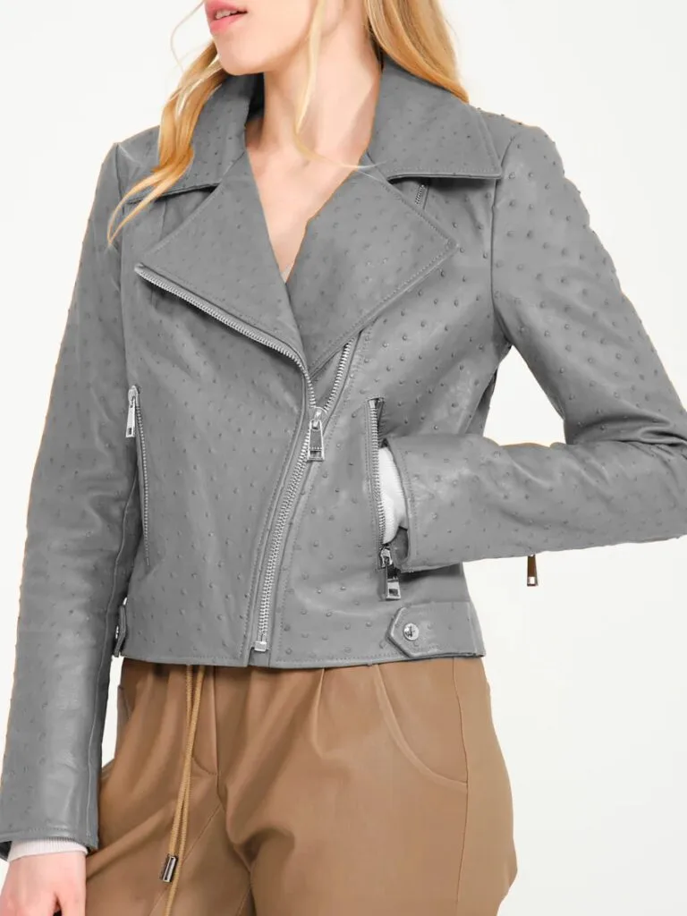 grey ostrich leather ladies jacket front grey ostrich leather ladies jacket front