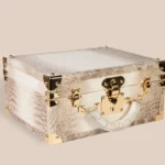 Himalayan crocodile leather watch box with gold hardware and beige interior lining