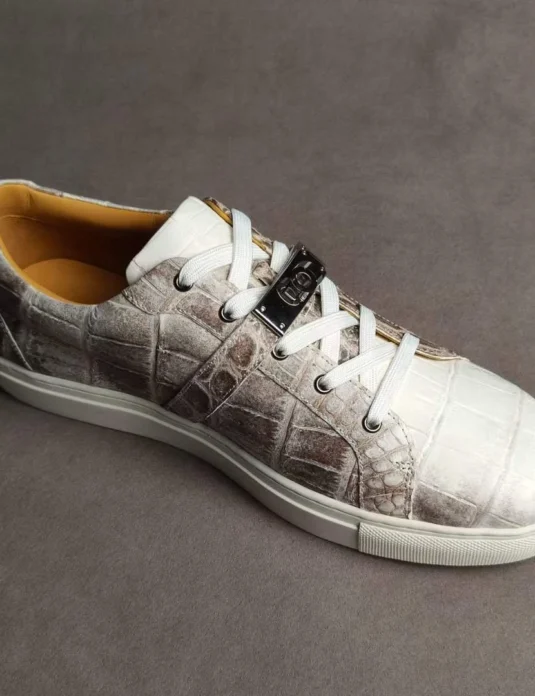 Himalayan crocodile leather sneakers with gradient white to charcoal exotic hide and white rubber sole