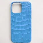 Custodia iPhone in pelle di coccodrillo azzurro chiaro 14 Pro Max lucida