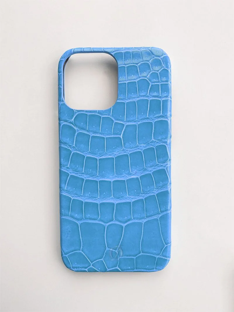 light blue crocodile leather iphone case 14 pro max glossy