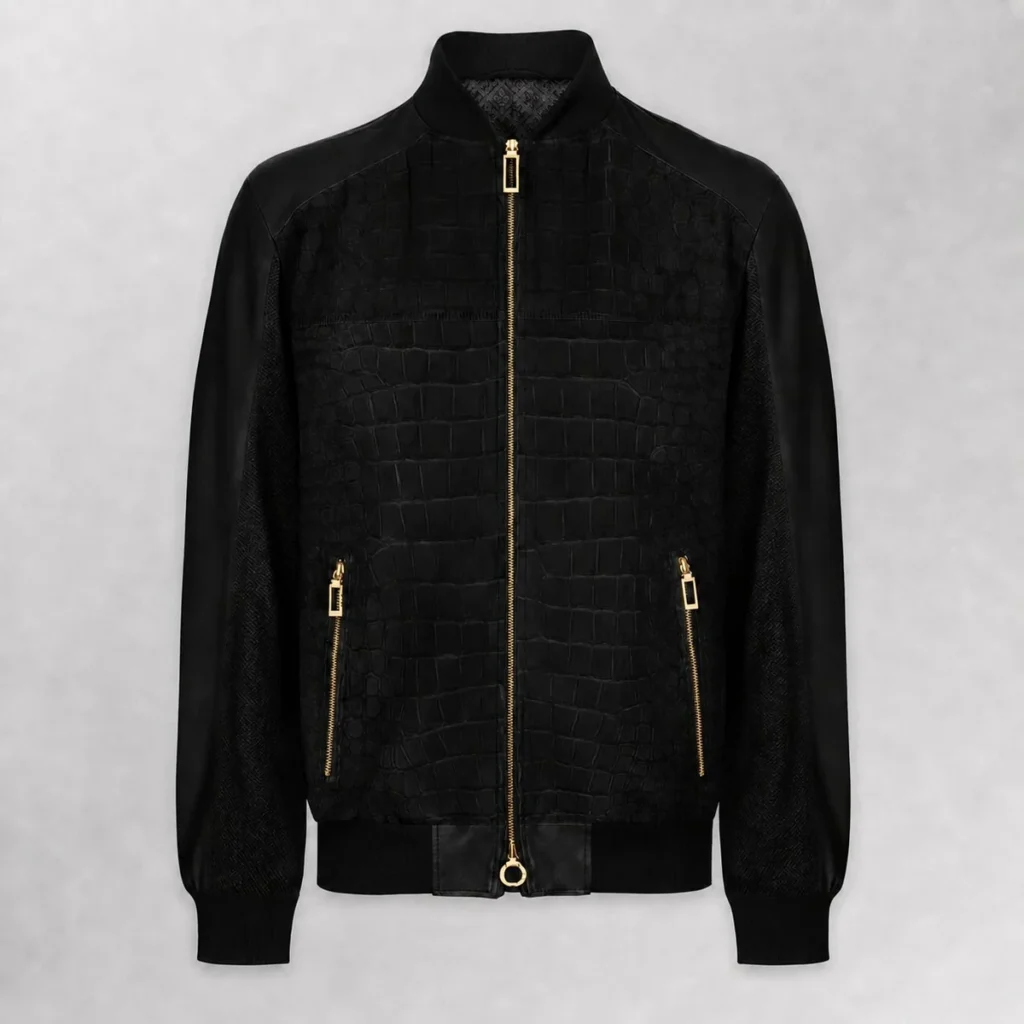 luxurycrocodileleatherbomberjacketblackgoldhardwarefront luxury crocodile leather bomber jacket black gold hardware front