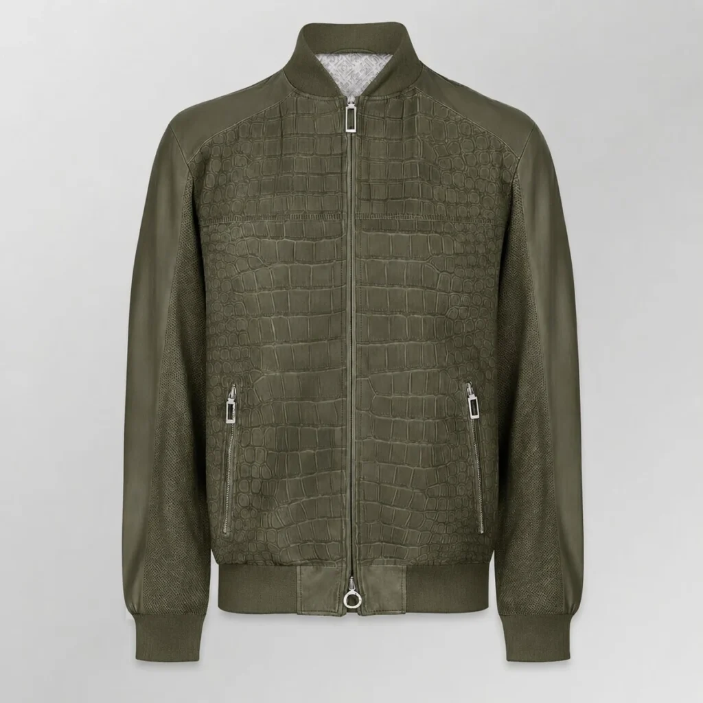 luxurycrocodileleatherbomberjacketolivegreensilverhardware luxury crocodile leather bomber jacket olive green silver hardware