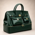Green crocodile leather travel bag with gold hardware and expandable bottom compartment