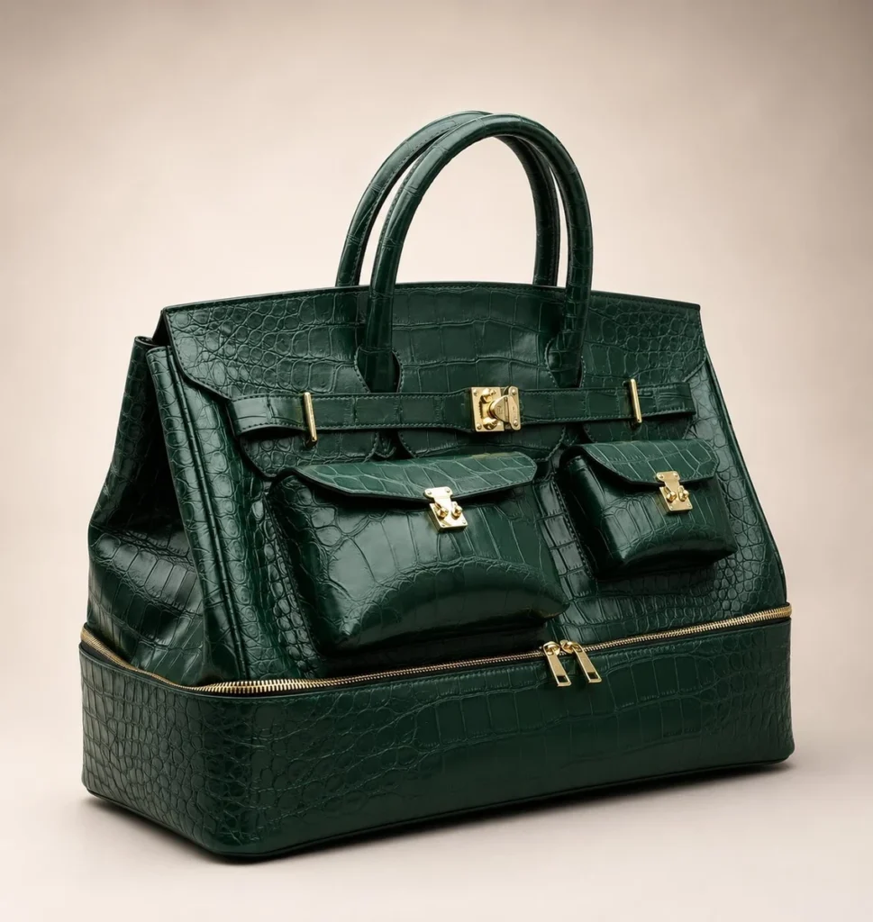 luxurycrocodileleathertravelbagracinggreengoldhardwarefront luxury crocodile leather travel bag racing green gold hardware front