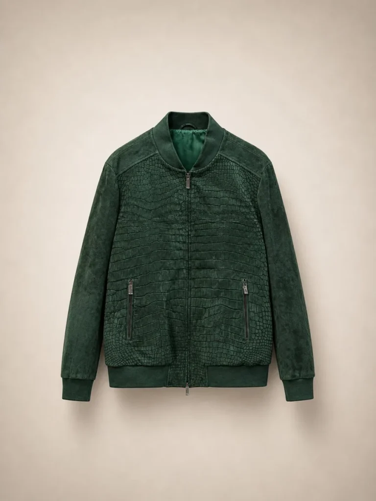 luxurycrocodilesuedebomberjacketracinggreenfront luxury crocodile suede bomber jacket racing green front