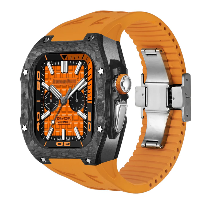 حالة أبل واتش ألترا من الكربون الرخامي الفضي مع حزام برتقالي