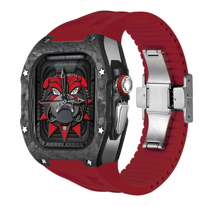 حالة أبل واتش ألترا من الكربون الرخامي مع حزام فضي وأحمر