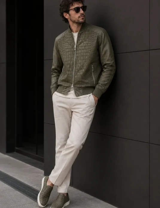 Olive crocodile leather bomber jacket worn by man with quilted texture and zip closure