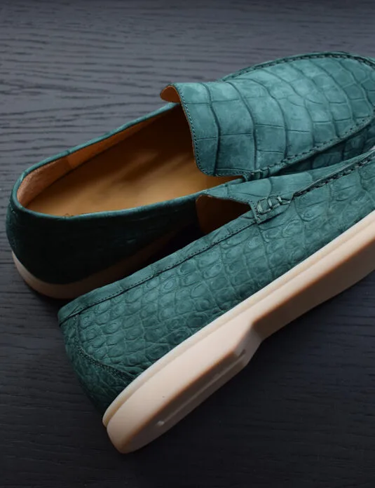 Green Nubuck Crocodile Loafers