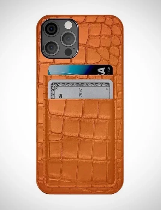 جراب هاتف من جلد التمساح البرتقالي ذو ملمس مميز وفتحات للبطاقات الائتمانية